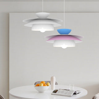 Round pendant close-up — white dimmable LED metal lamp