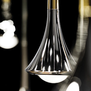 Glass diffuser pendant with raindrop form and warm LED glow
