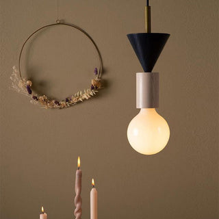 Colored wood pendant close-up — modern adjustable hanging lamp