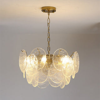 Ice glass gold chandelier setting — large frame pendant wide
