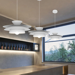 Dimmable LED pendant detail — round white modern fixture