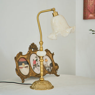 Floral vintage brass table lamp — solid brass base flower shade