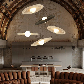 Flying saucer black metal pendant with pleated fabric shade