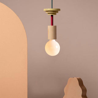 Colored wood pendant side angle — modern kitchen island lamp