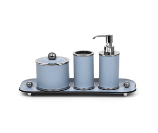 round bathroom set soap dispenser toothbrush holder cotton pad tray close-up