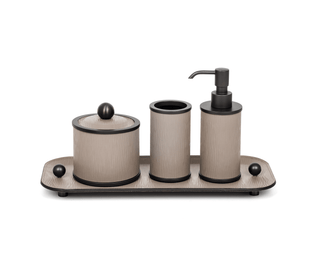 round bathroom set soap dispenser toothbrush holder cotton pad tray side view