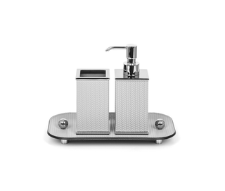 modern square bathroom set soap dispenser toothbrush holder chrome tray close-up
