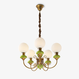 Metal frame onyx chandelier green shade close-up detail