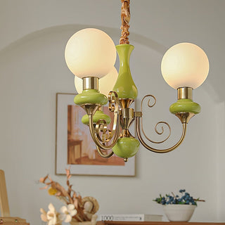 Onyx chandelier metal green shade pendant interior angle view