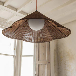 Rattan scalloped pendant for boho kitchen island