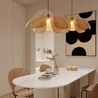 Vintage Rattan Pendant Light – Adjustable Hanging Lamp with Handwoven Petal Shade