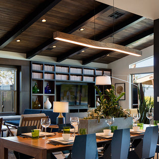 Linear LED pendant close-up — modern kitchen island fixture