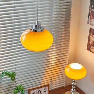 Bauhaus yellow glass pendant hanging in contemporary interior