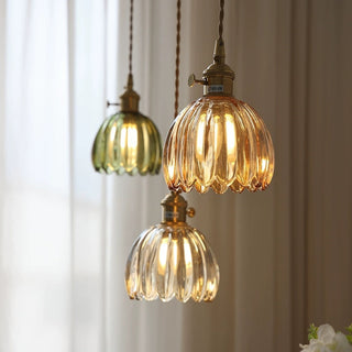 Mid-Century Pendant Light - Clear Glass Flower Shade | Adjustable Hanging Light