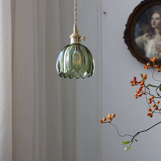 Mid-Century Pendant Light - Clear Glass Flower Shade | Adjustable Hanging Light