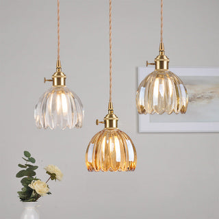 Mid-Century Pendant Light - Clear Glass Flower Shade | Adjustable Hanging Light