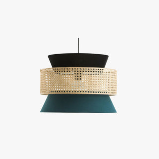 Vintage fabric rattan pendant from below — warm ambient ceiling