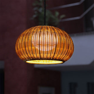 Bauhaus rattan lantern from below — woven modern ceiling lamp
