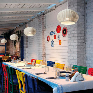 Bauhaus rattan lantern lamp detail — woven modern ceiling