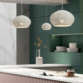 Woven rattan lantern pendant side view — Bauhaus modern lamp
