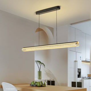Long LED pendant in interior — modern acrylic soft glow ceiling lamp