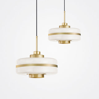 Scandinavian glass pendant side angle — metal soft glow ceiling lamp