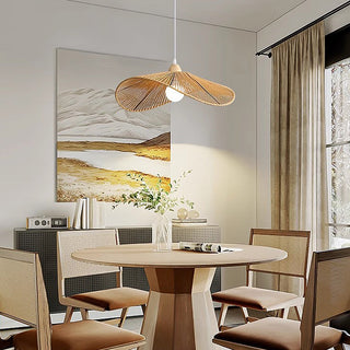 Natural pendant detail — rattan adjustable ceiling fixture