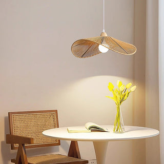 Natural rattan pendant side view — adjustable hanging fixture