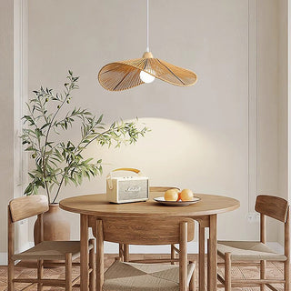 Natural rattan pendant from below — adjustable hanging light