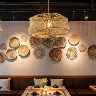 Rattan natural pendant close-up — handmade adjustable hanging lamp