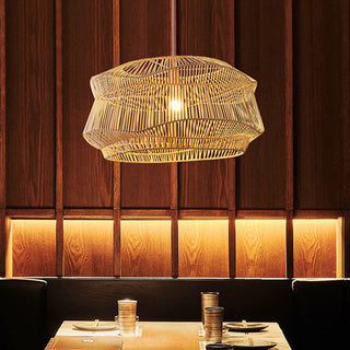 Natural rattan pendant from below — handmade adjustable ceiling