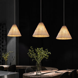 Rattan boho pendant side view — woven wooden shade ceiling lamp