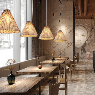 Woven rattan boho pendant close-up — wooden shade ceiling lamp