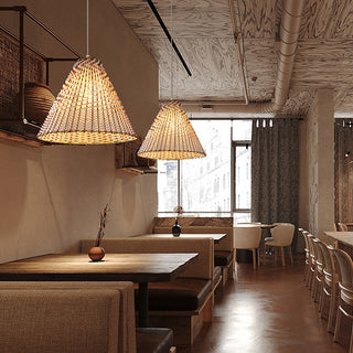 Boho rattan pendant lamp detail — woven wooden shade ceiling