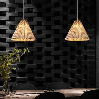 Boho woven rattan pendant from below — wooden shade fixture