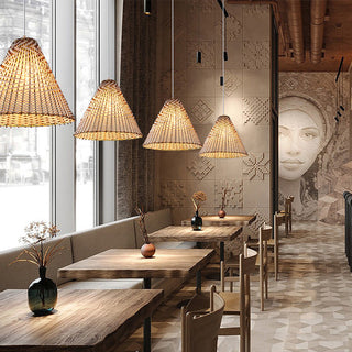 Woven rattan boho pendant in interior — wooden shade ceiling lamp
