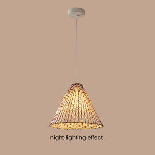 Boho rattan pendant top view — woven wooden shade ceiling fixture
