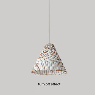 Boho rattan pendant from above — woven wooden shade hanging lamp