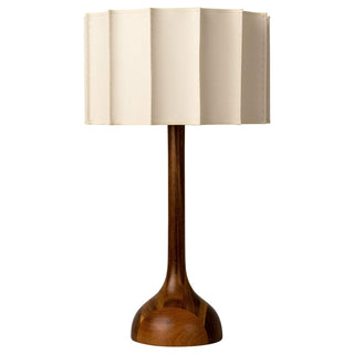 Retro walnut table lamp illuminated — fabric LED warm