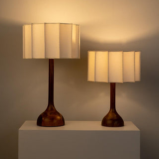 Walnut fabric lamp close-up — retro bedside LED detail