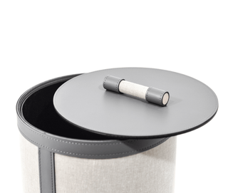 Penelope compact bathroom trash bin leather accent napkin side view