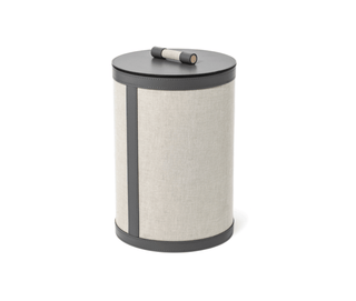 Penelope compact bathroom trash bin leather accent napkin close-up