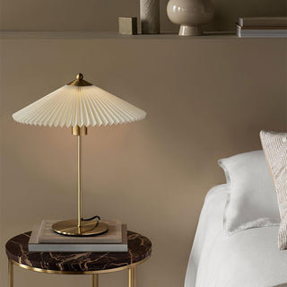 Mid century lamp illuminated — pleated fabric metal warm