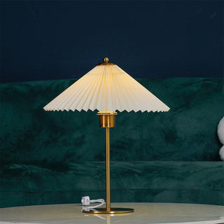 Mid century pleated fabric shade table lamp — metal base vintage