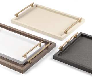 leather serving tray pinetti luxury dafne tray knurled metal handles satin gold finish side view