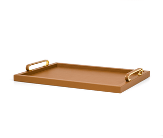wooden serving tray pinetti stylish leather chrome brass handles close-up