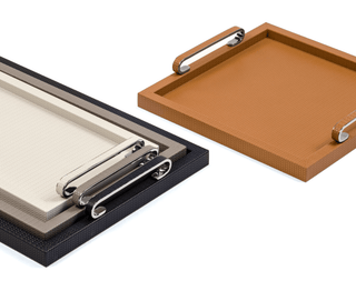 wooden serving tray pinetti stylish leather chrome brass handles set view