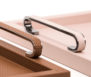 wooden serving tray pinetti stylish leather chrome brass handles angle view
