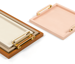 wooden serving tray pinetti stylish leather chrome brass handles detail