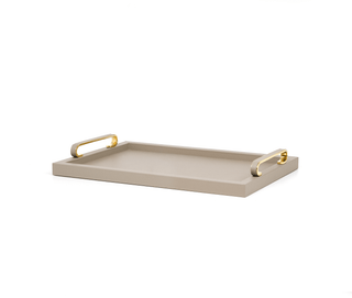 wooden serving tray pinetti stylish leather chrome brass handles front view